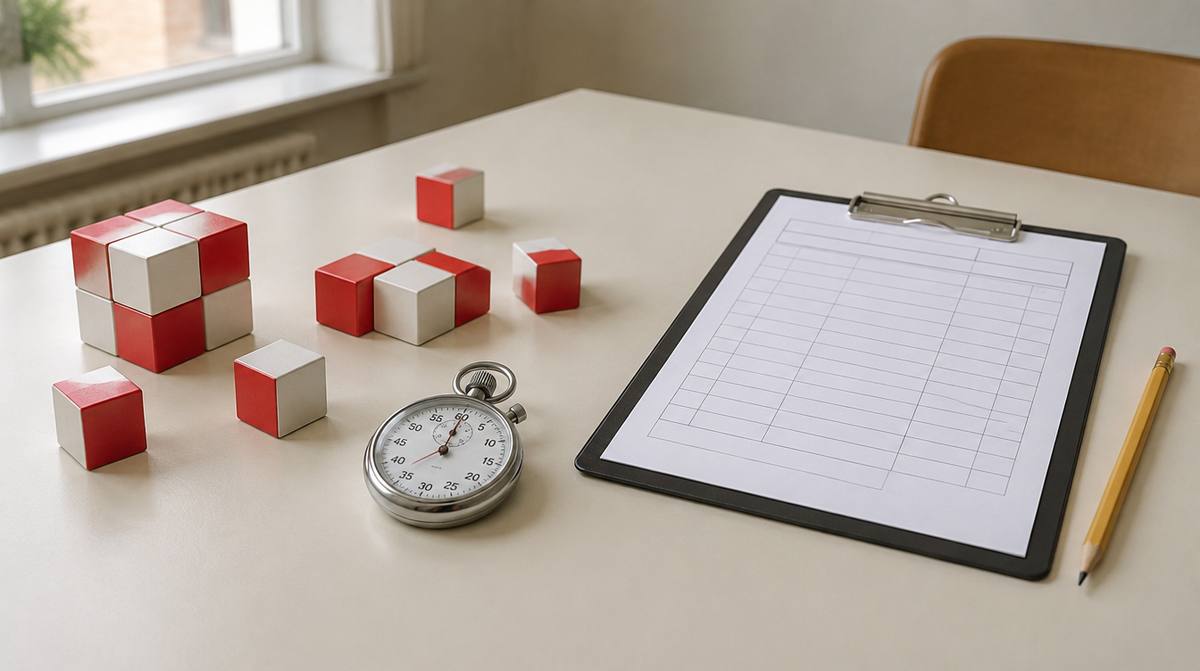 Block design cubes, a stopwatch and a clipboard laid out for a cognitive assessment