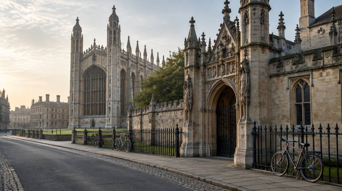 King’s Parade in Cambridge, with King’s College Chapel and bicycles against the railings