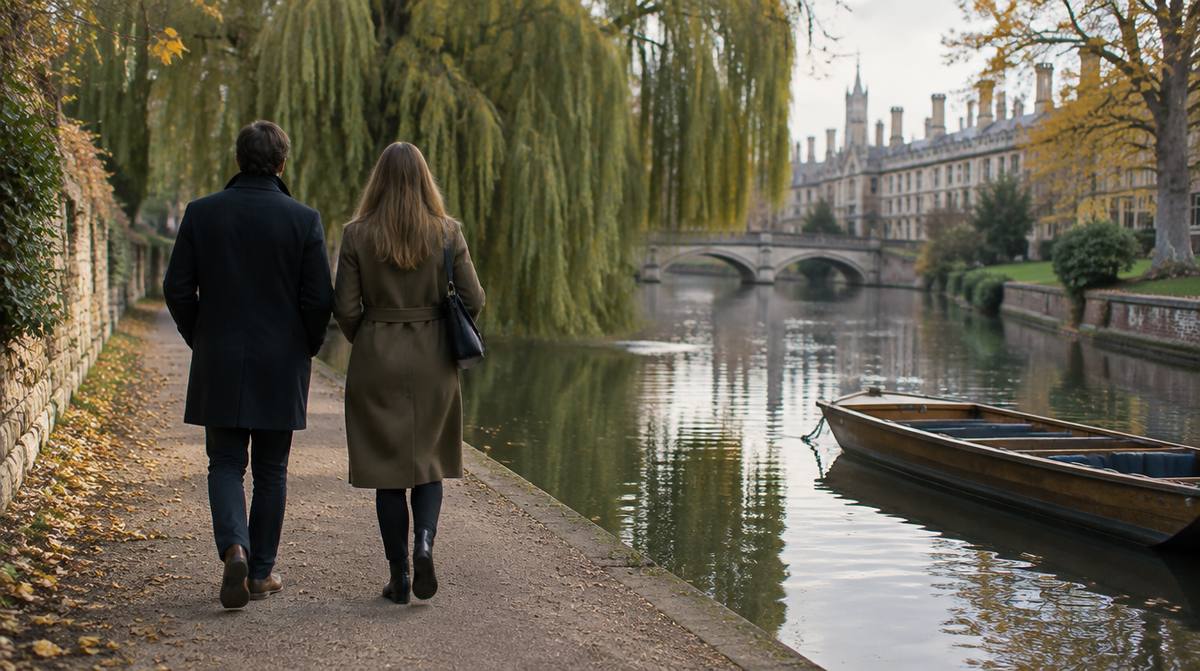 Two people walking side by side along a riverside path by the Cam in Cambridge, seen from behind