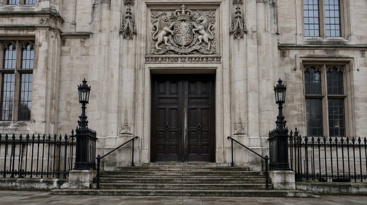 The stone entrance of an English Crown Court, with the royal coat of arms above the doors