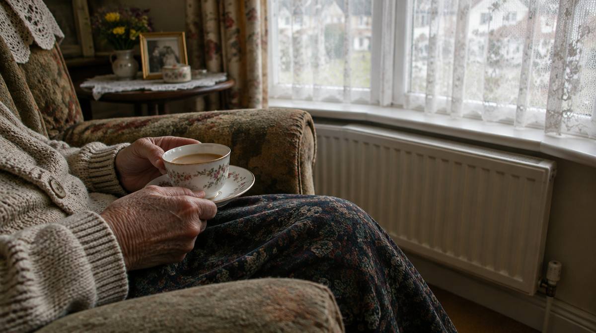 An older person’s hands holding a cup of tea in an armchair by a bay window at home