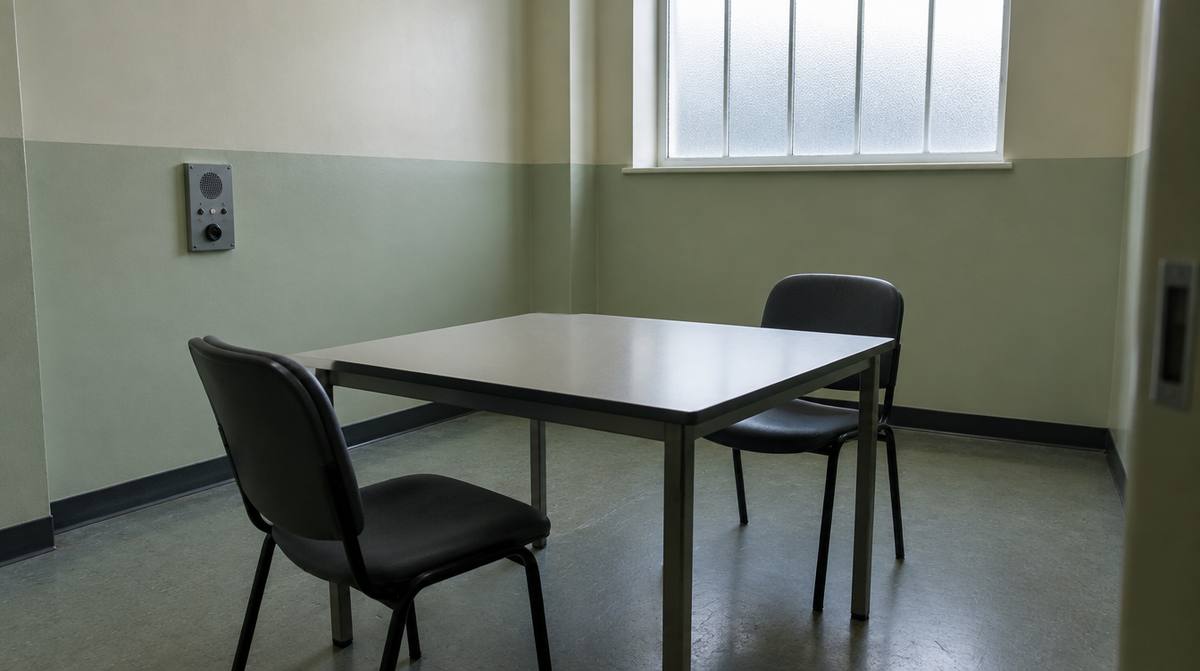 A plain interview room with a table, two chairs and a high frosted window