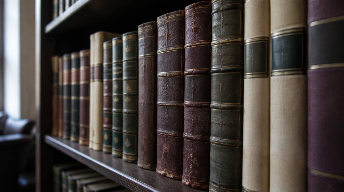 A shelf of leather-bound law reports in a chambers library