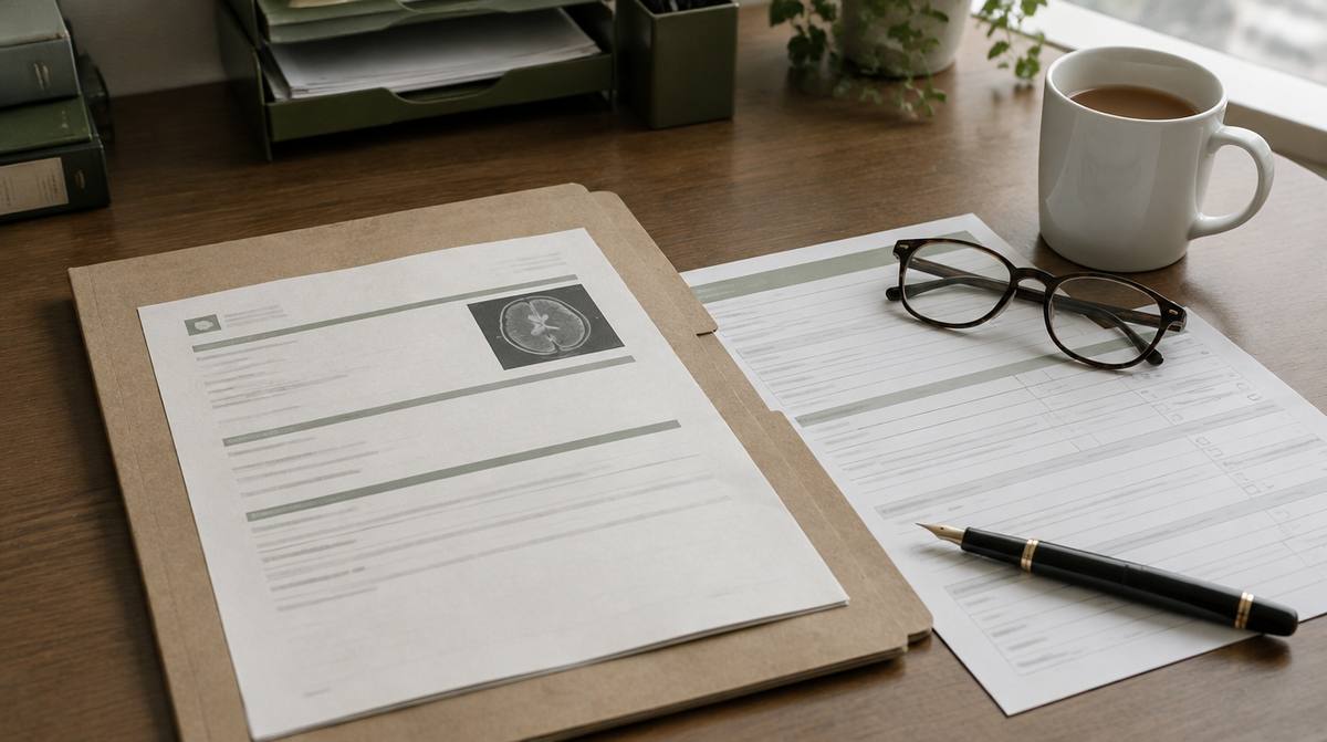 A medical report in a card folder beside a claim form, reading glasses and a pen