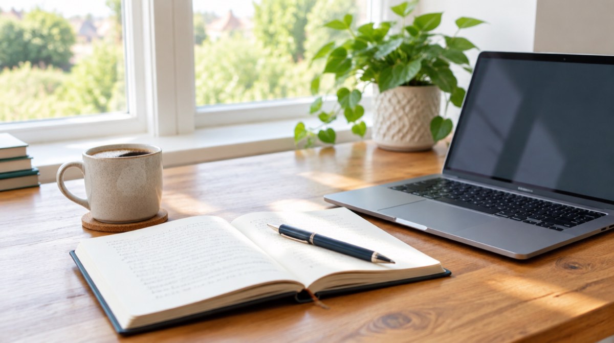 An open notebook, pen, coffee and laptop on a wooden table by a bright window