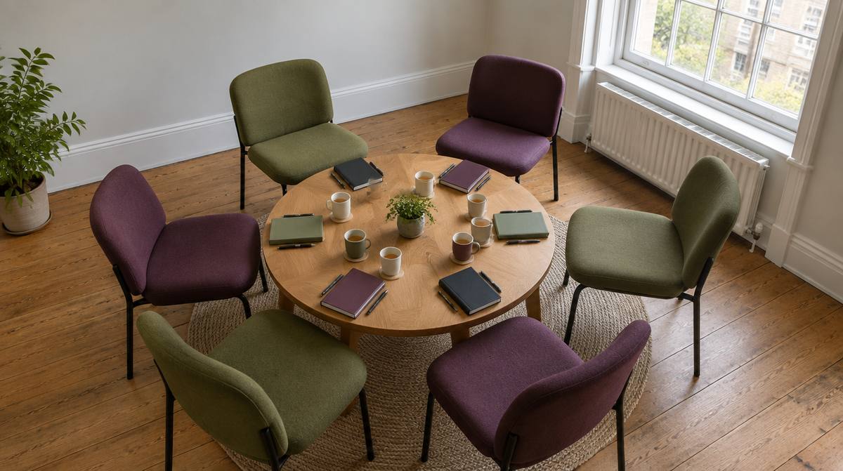 A circle of chairs around a low table with notebooks and mugs, set out for reflective practice