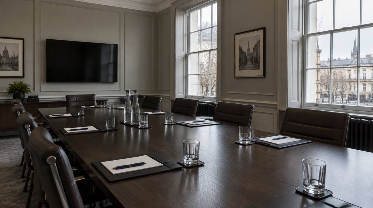 A law firm meeting room with a long oak table, water glasses and notepads under tall sash windows